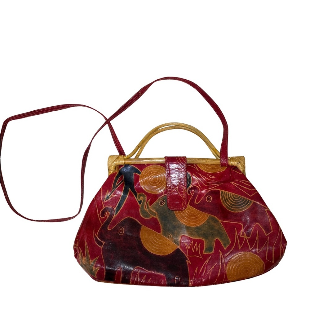 Vintage‎ Elephant Print Red, tan, Greenand Brown crossbody Handbag